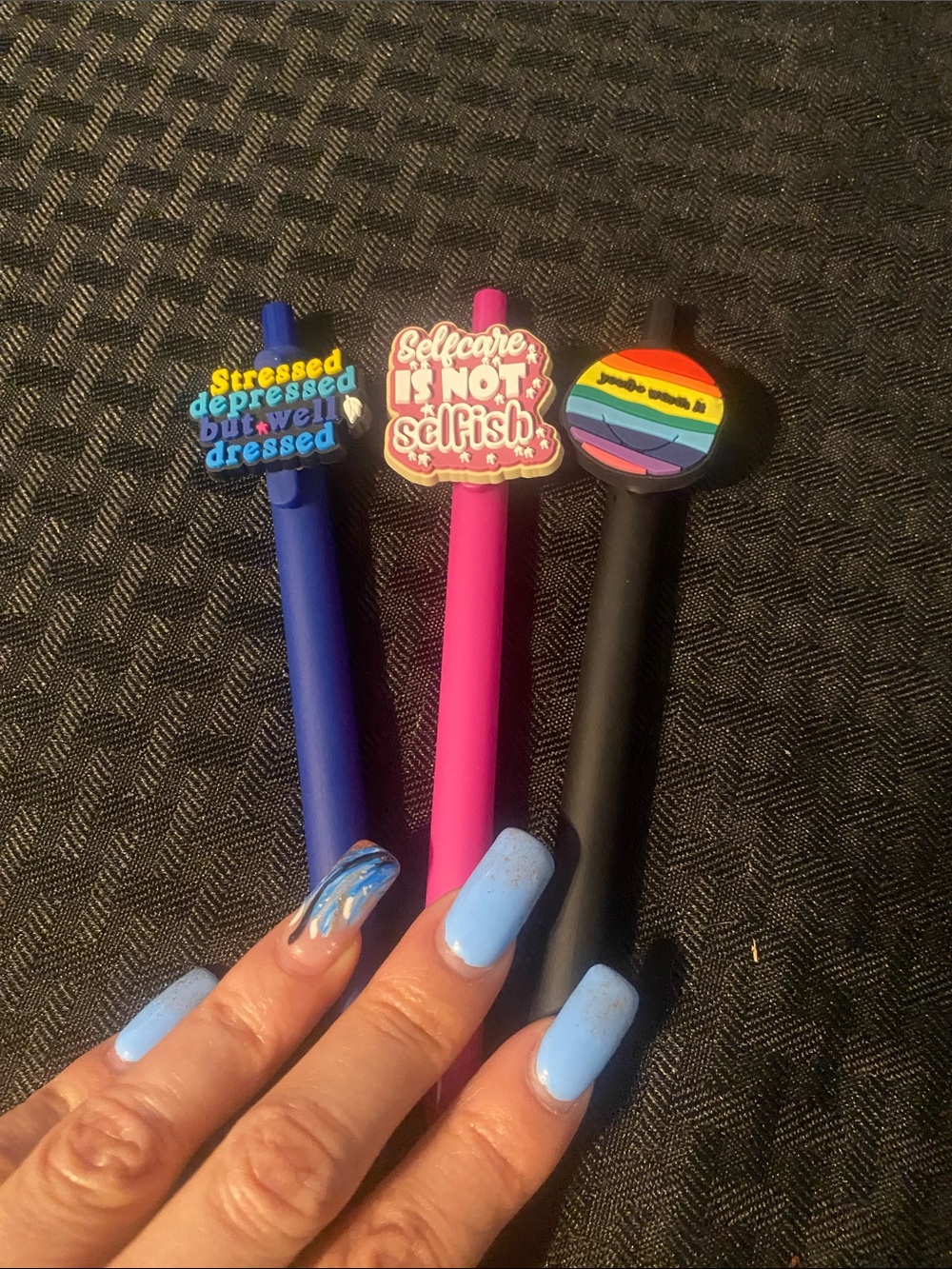 Handcrafted Motivated Silicone Pen Tops - Blue, Pink, Black